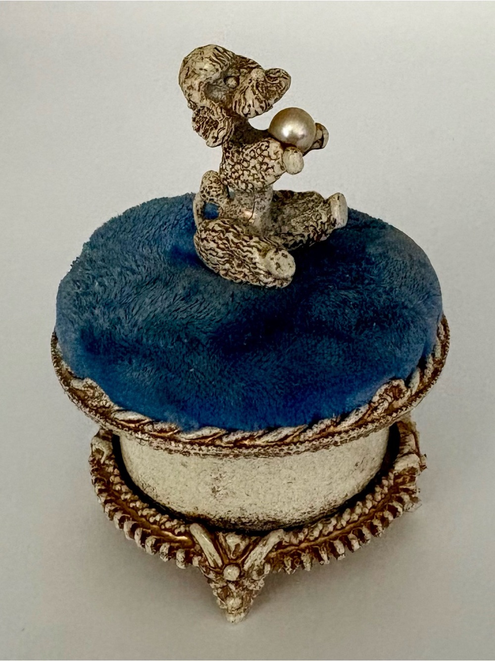 Vintage Florenza Poodle on Blue Velvet Pin Cushion or Trinket Box